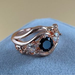 Beautiful Unique Statement Round Cut Black Diamond Rose Gold Tone Plated Ring